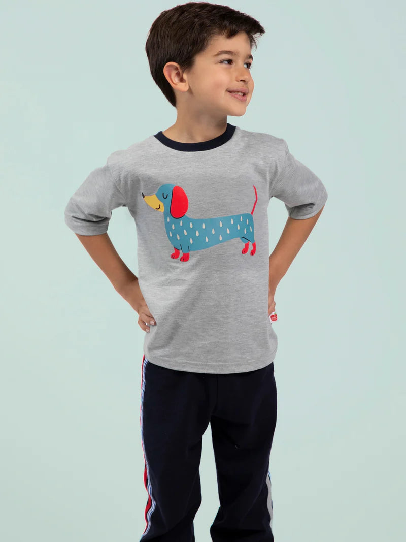 Blue Sausage Dog Tee with Navy Binding