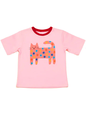 Quirky Cat Pink Tee with Red Binding