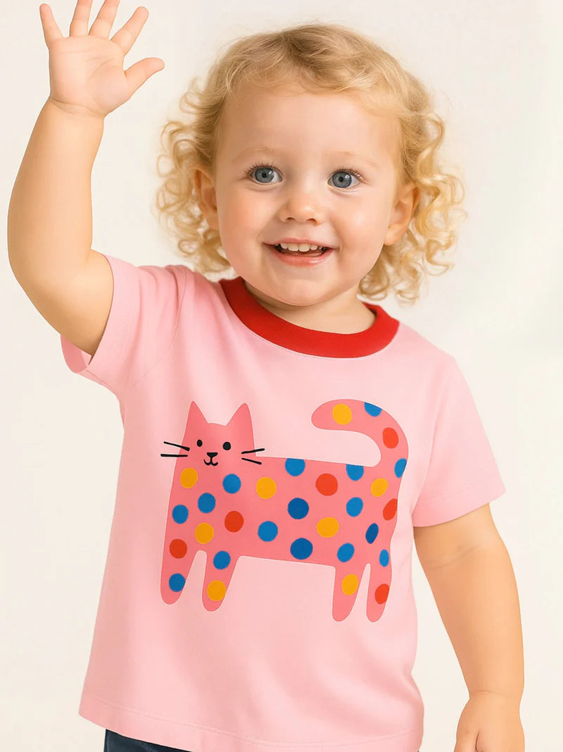 Quirky Cat Pink Tee with Red Binding