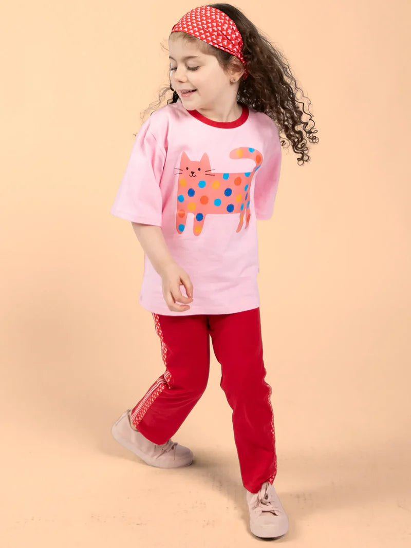 Quirky Cat Pink Tee with Red Binding