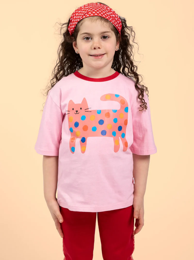 Quirky Cat Pink Tee with Red Binding
